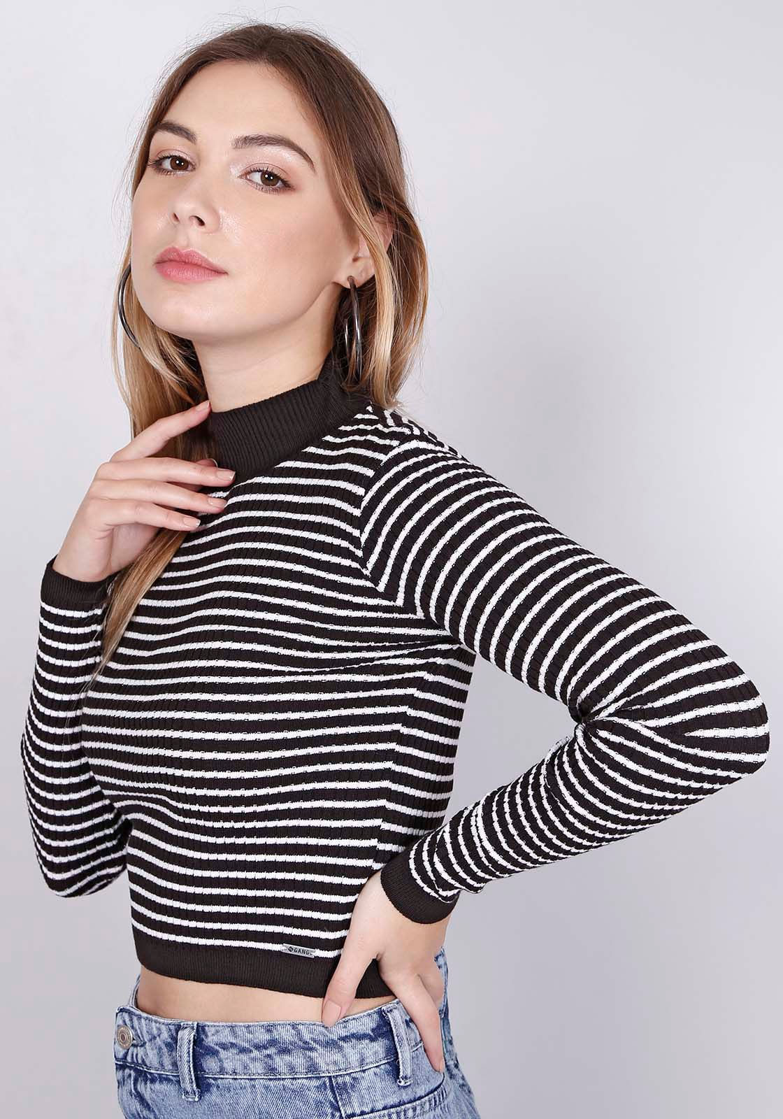 Blusa de tricot listrada preta e branca Clearance