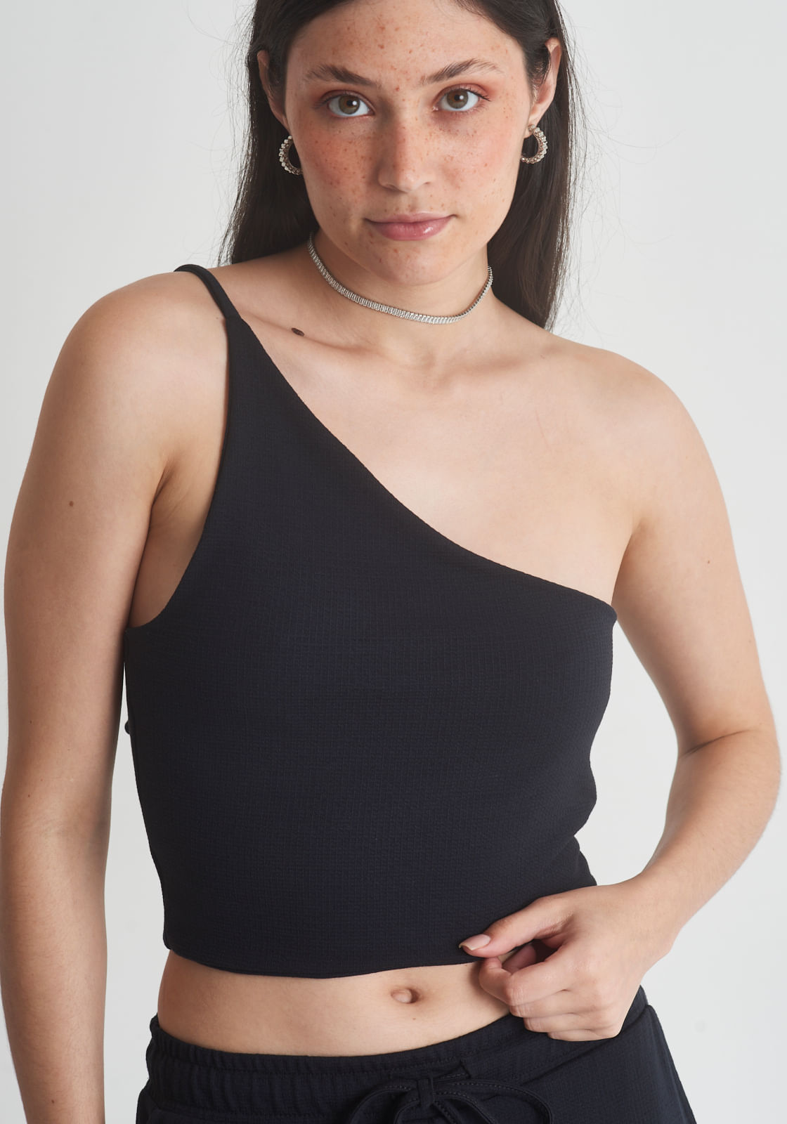 Blusa malha texturizada feminino cropped preto