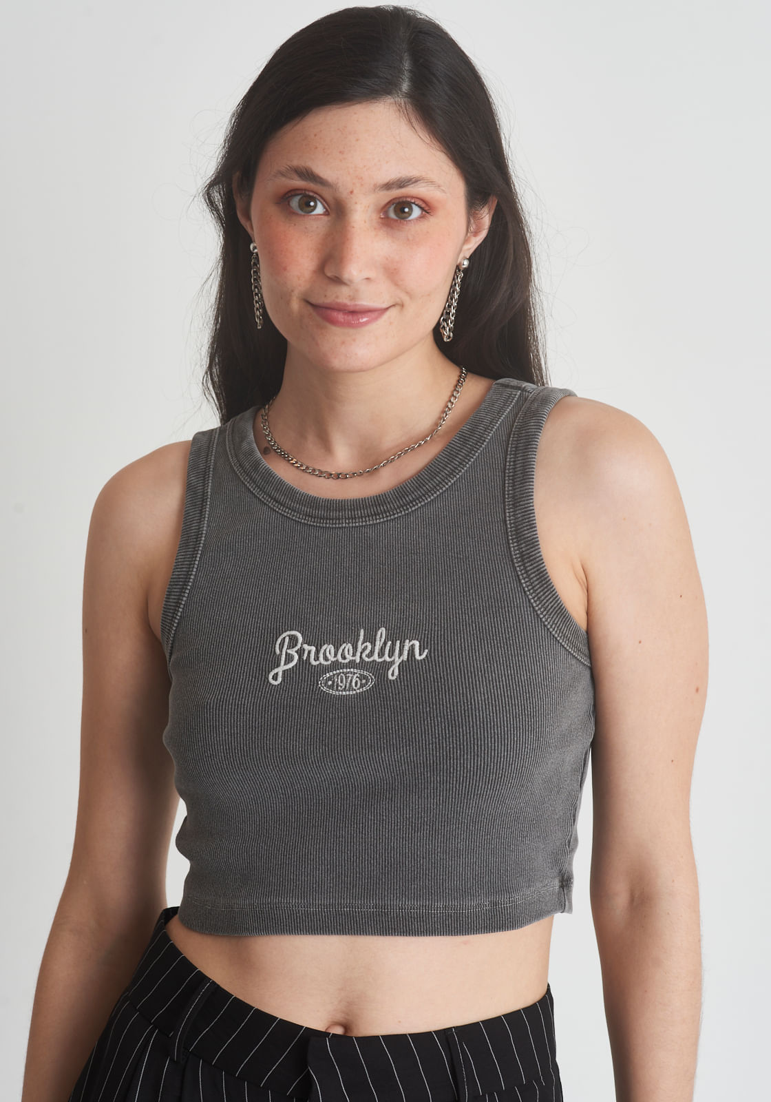 Blusa ribana feminino regata vintage cinza