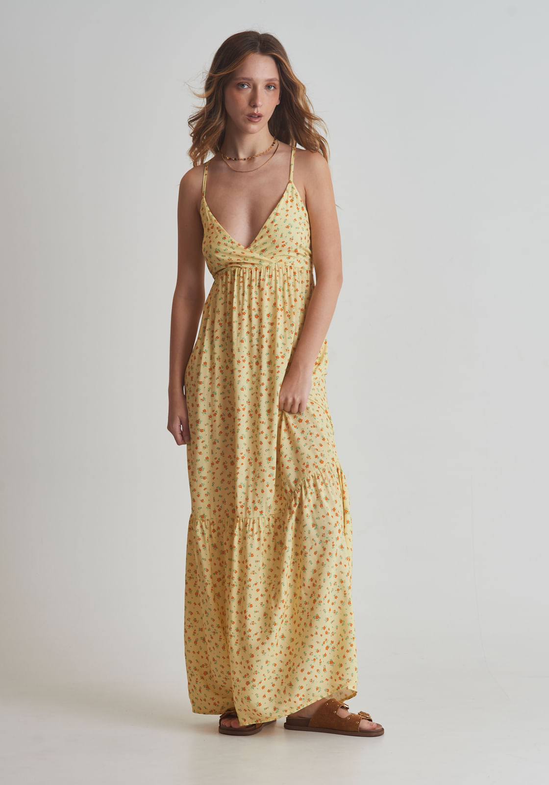 Vestido viscose feminino longo estampado amarelo