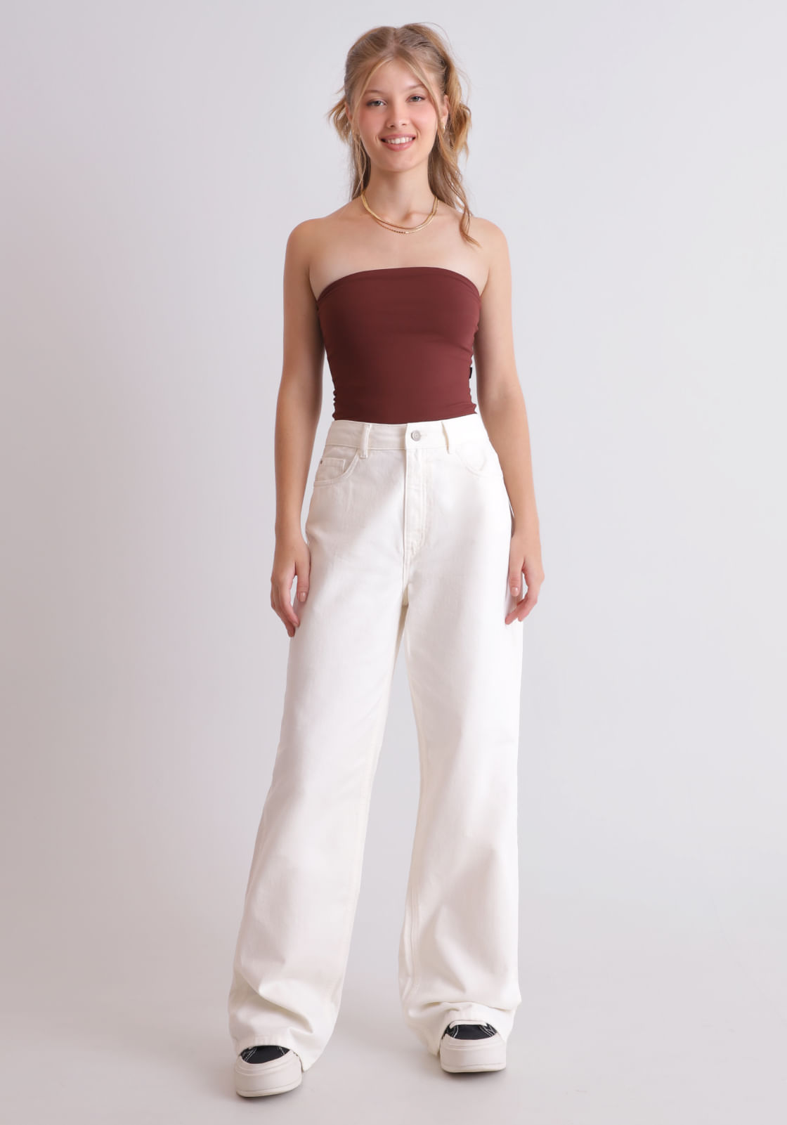 Calça sarja feminino wide leg off white