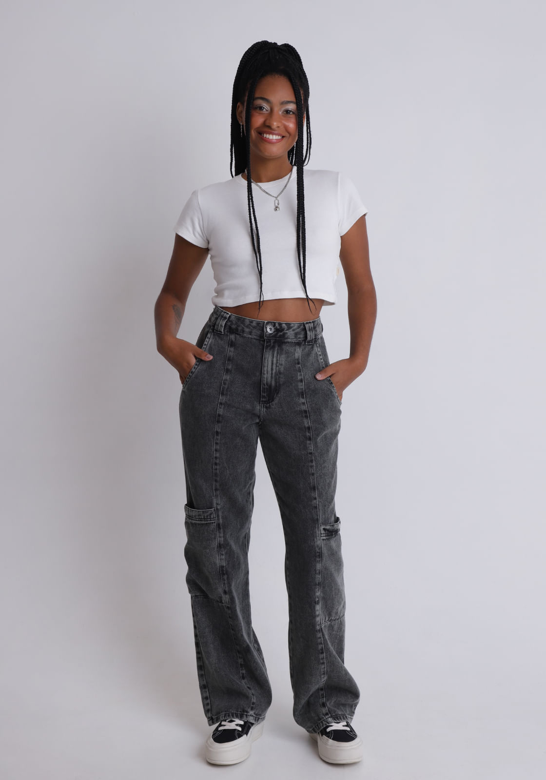 Calça jeans feminino cargo preto