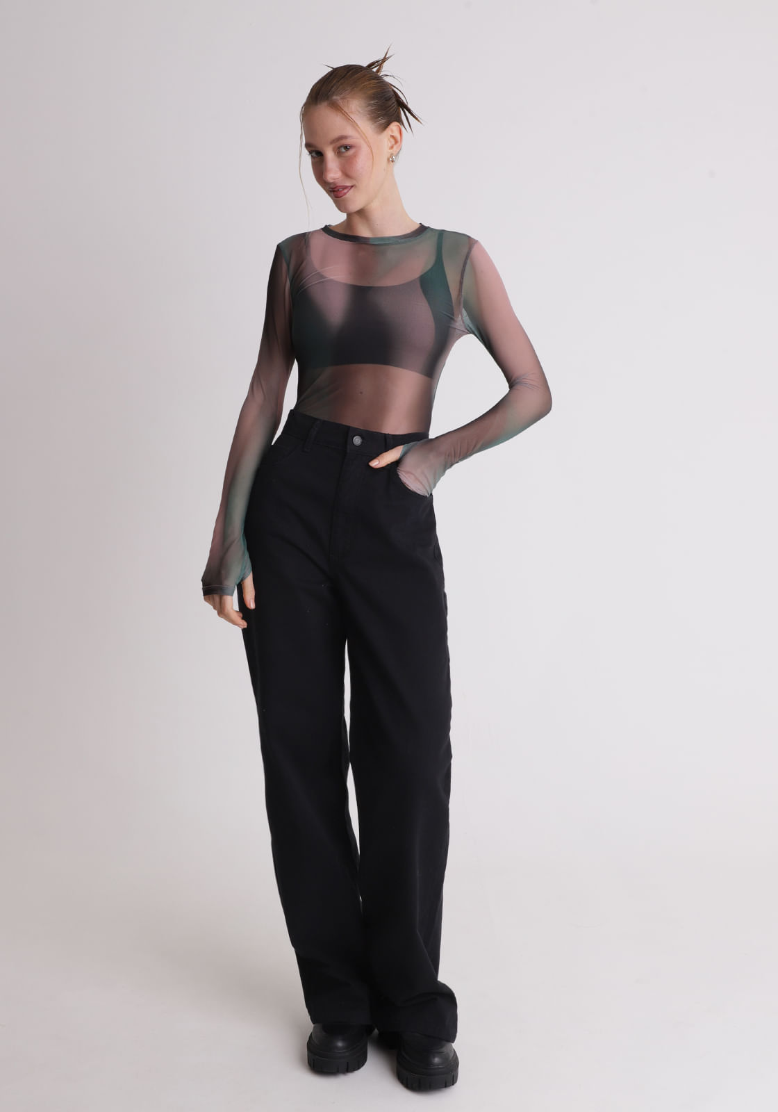 Calça sarja feminino wide leg gang preto