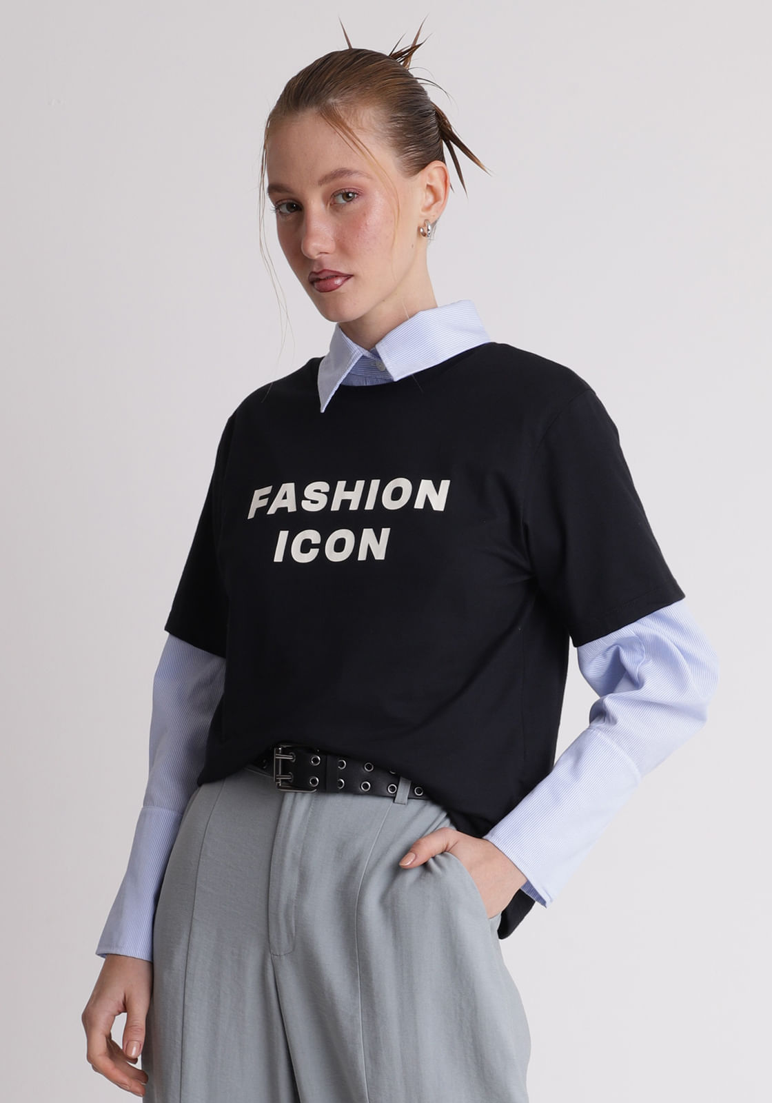 Camiseta algodão feminino fashion icon preto