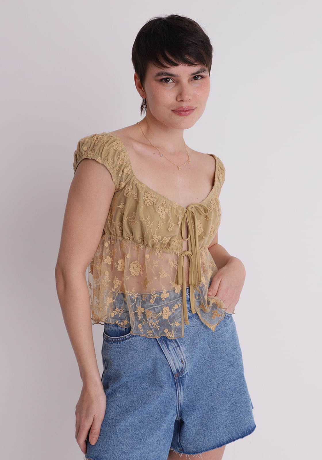 Blusa tule feminino amarração bordado Amarelo