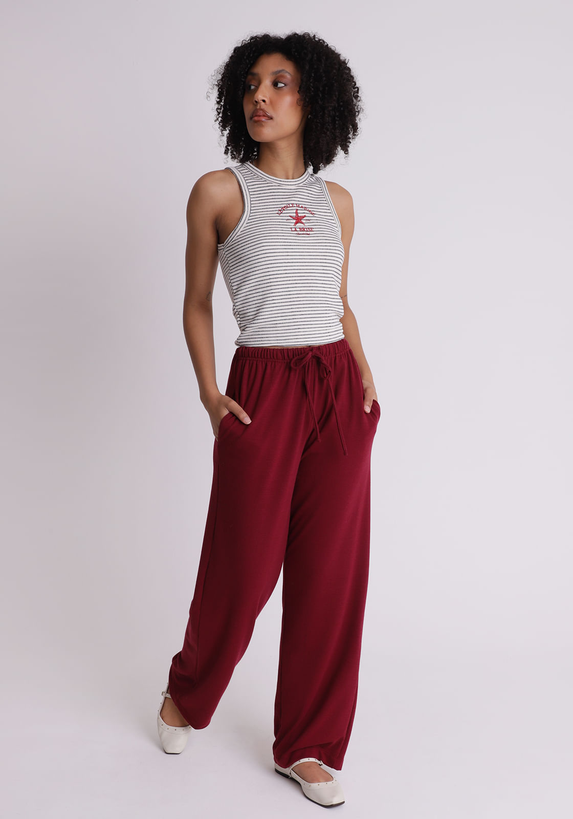 Calça wide leg feminino em malha vermelho