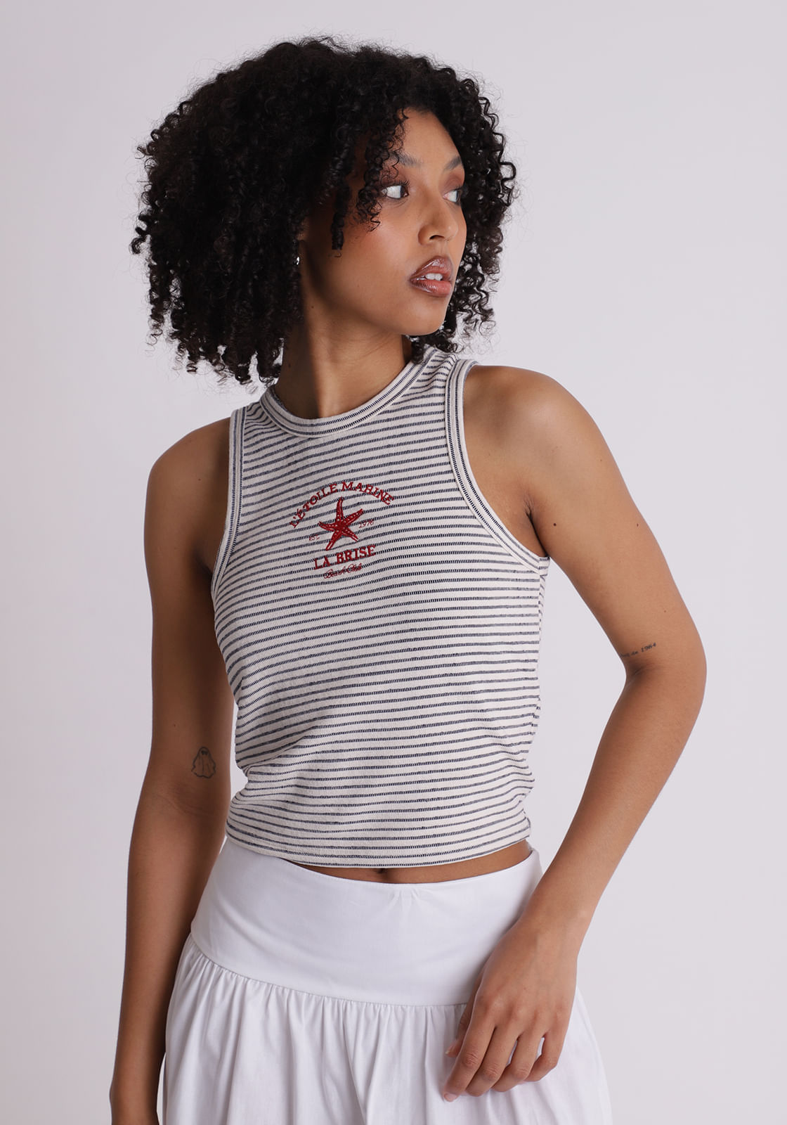 Blusa Algodão feminino regata listrada Off-White