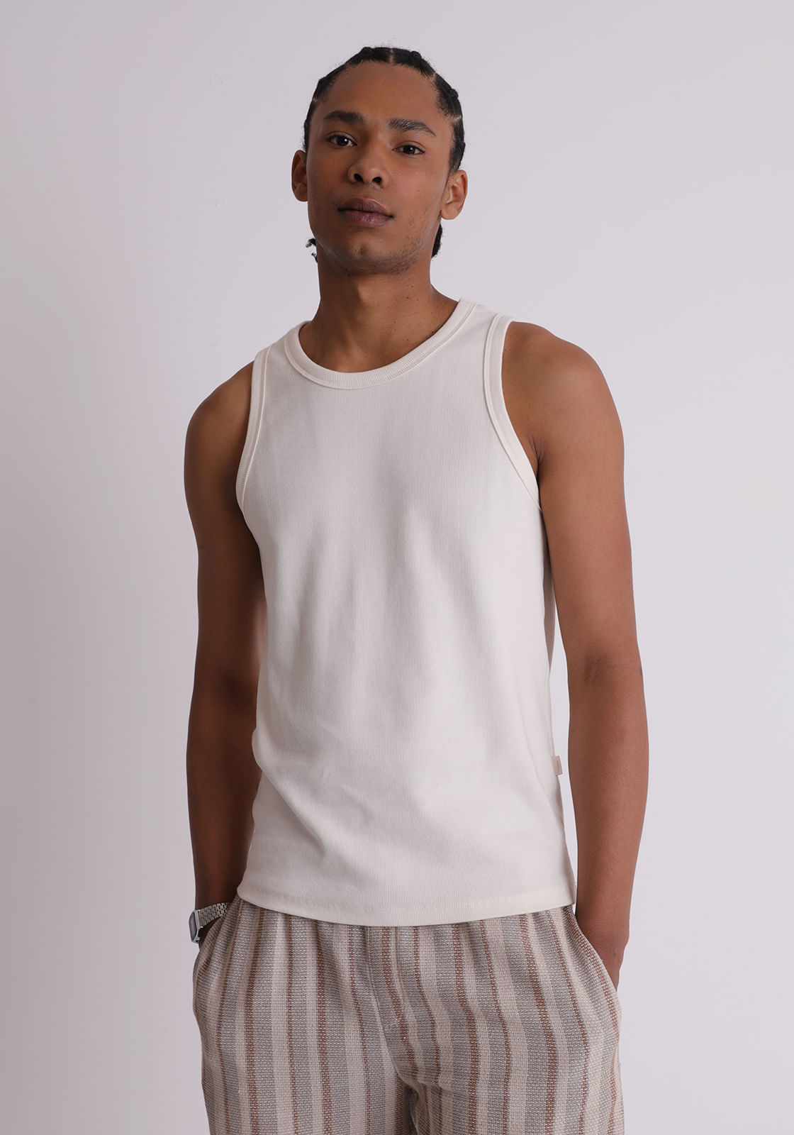 Camiseta algodão masculina regata ribana branco