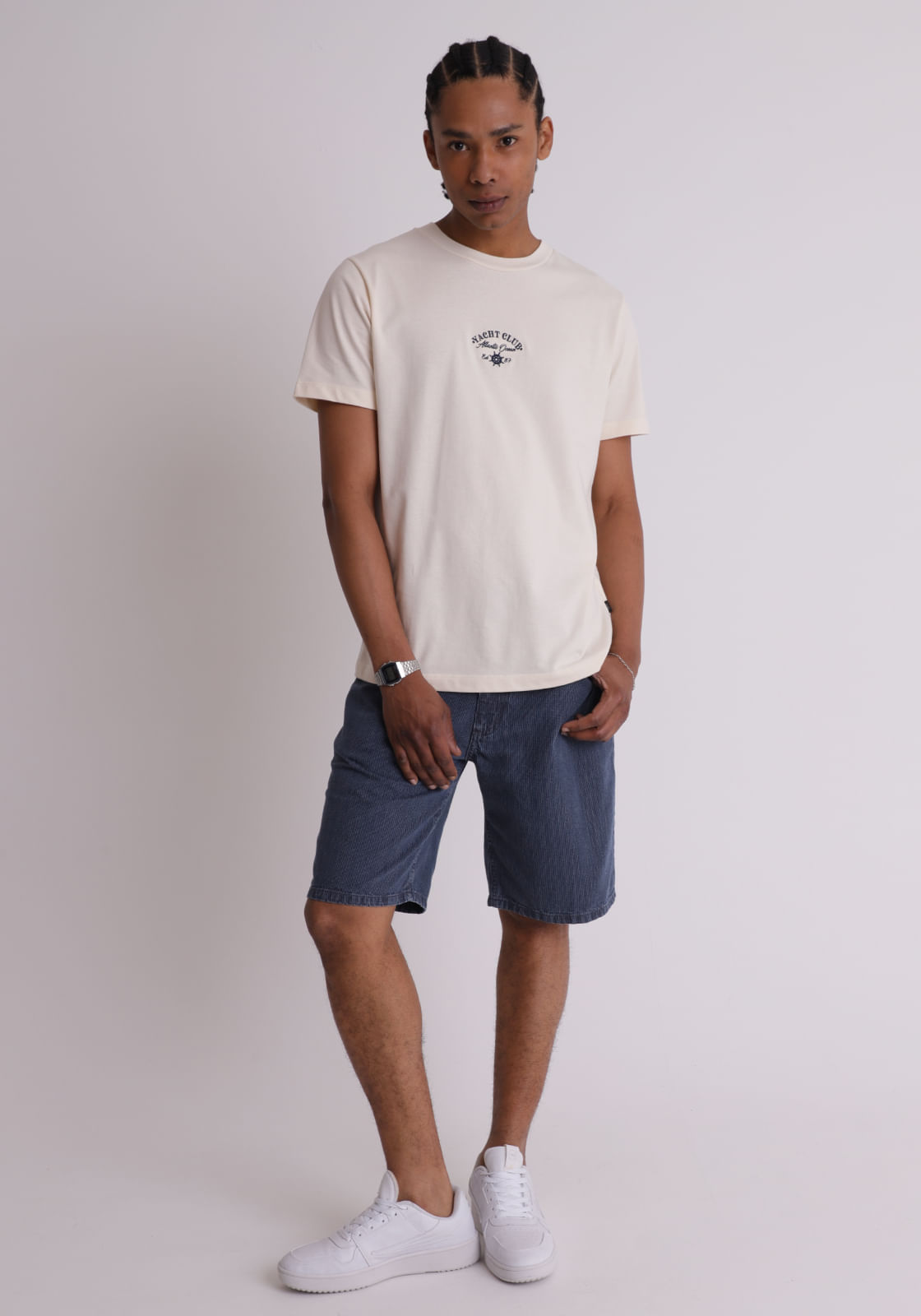 Bermuda jeans masculina reta risca de giz azul