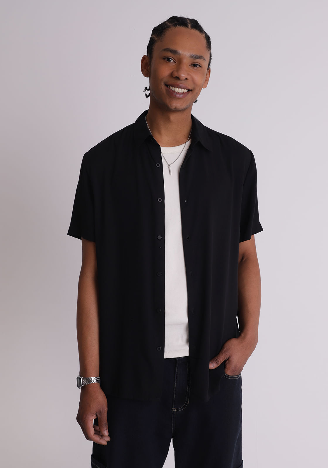 Camisa viscose masculina manga curta preta
