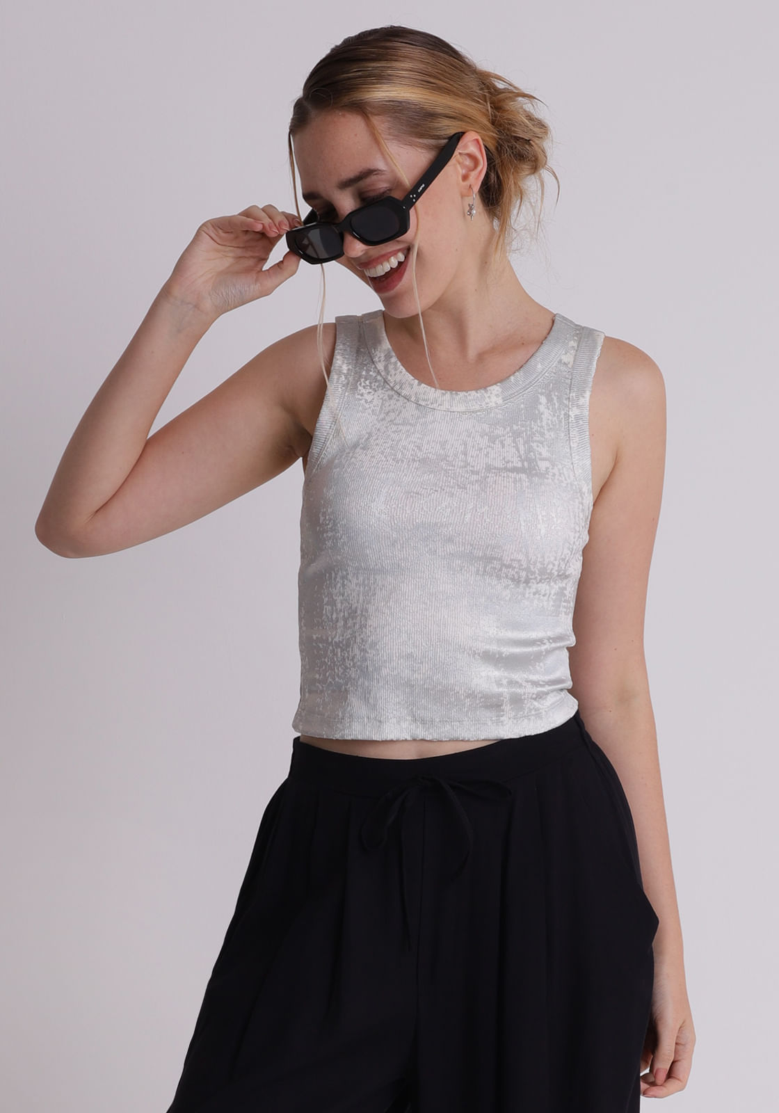 Blusa ribana feminino regata foil Off-White