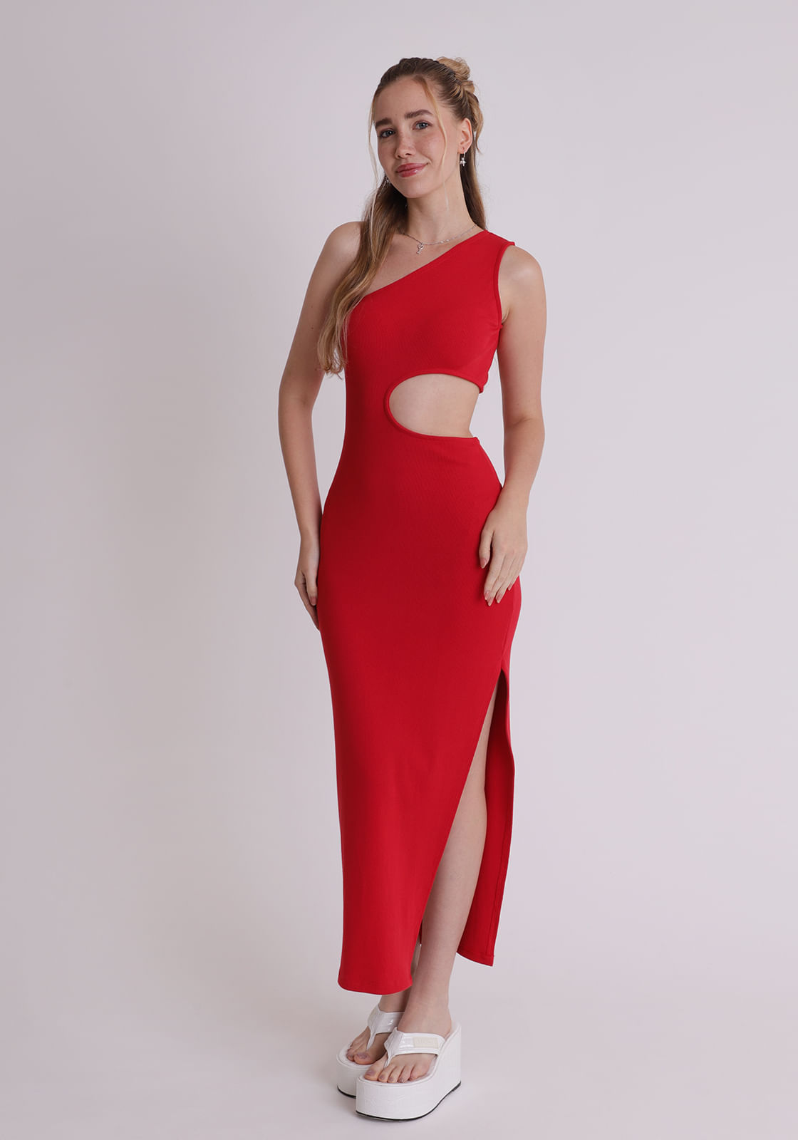 Vestido canelado feminino um ombro só vermelho