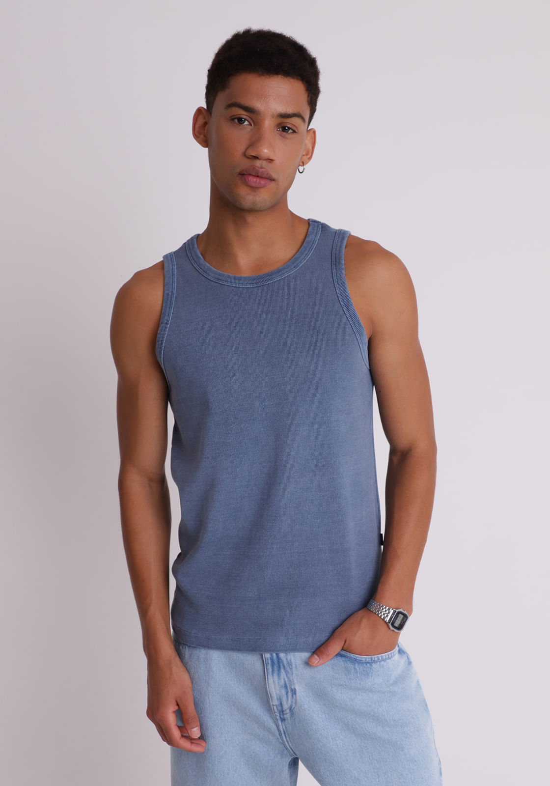 Camiseta algodão masculina regata canelada azul