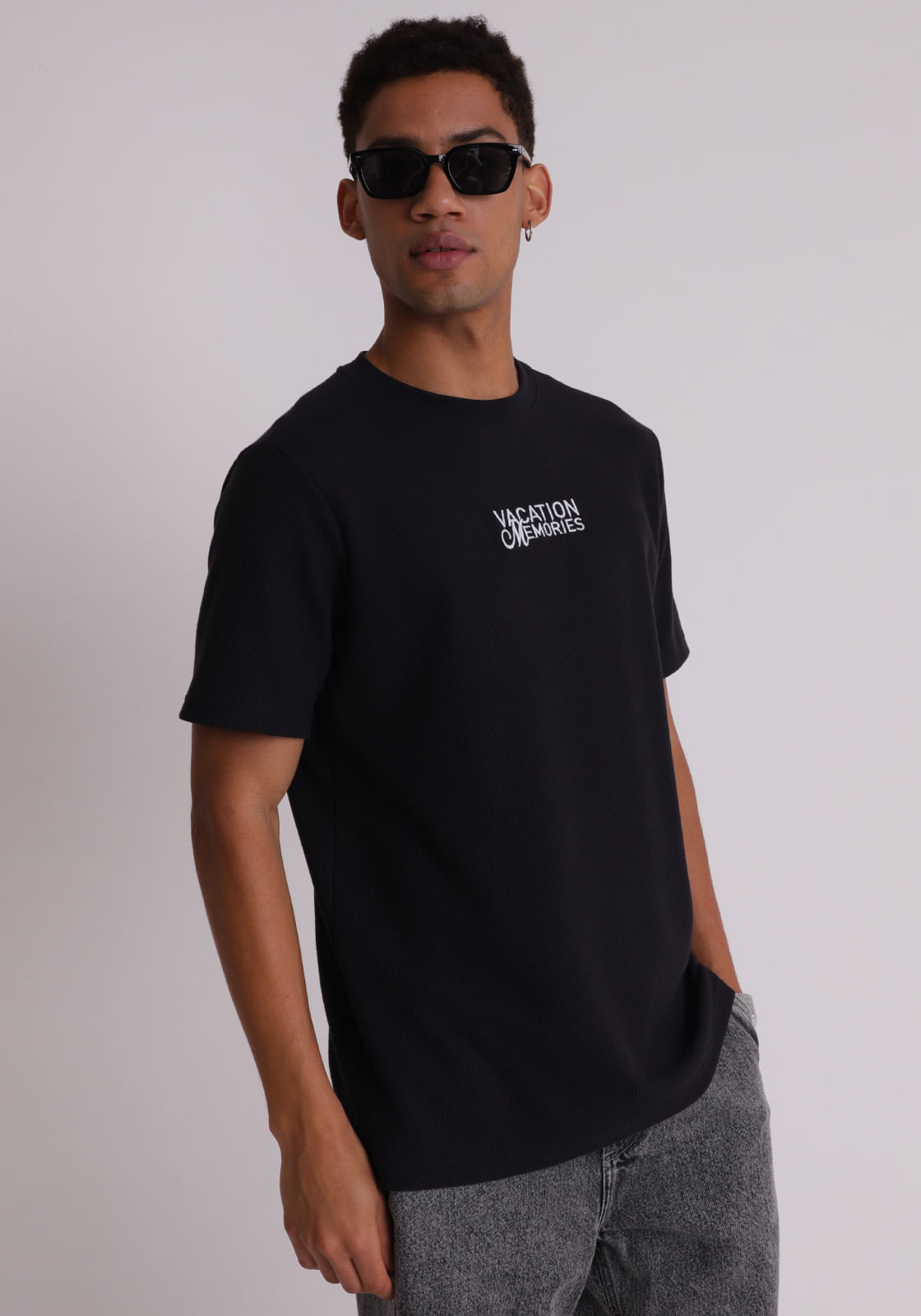 Camiseta algodão masculina texturizada preto