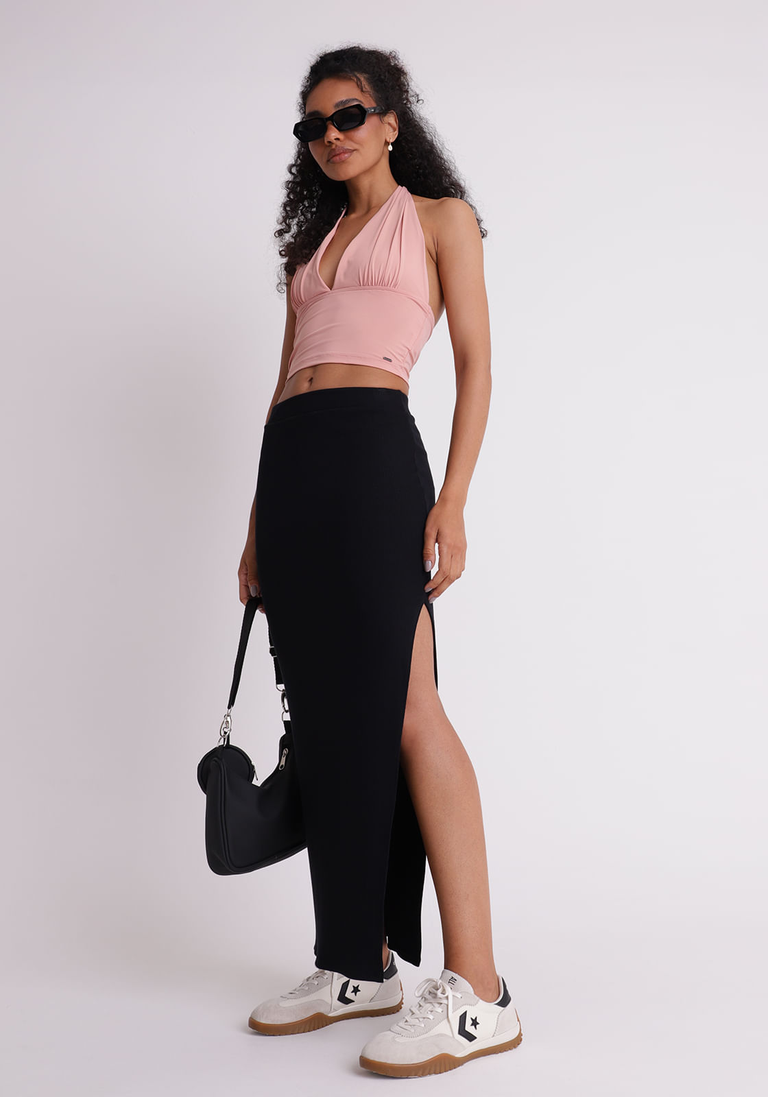 Saia malha canelada feminino midi preto