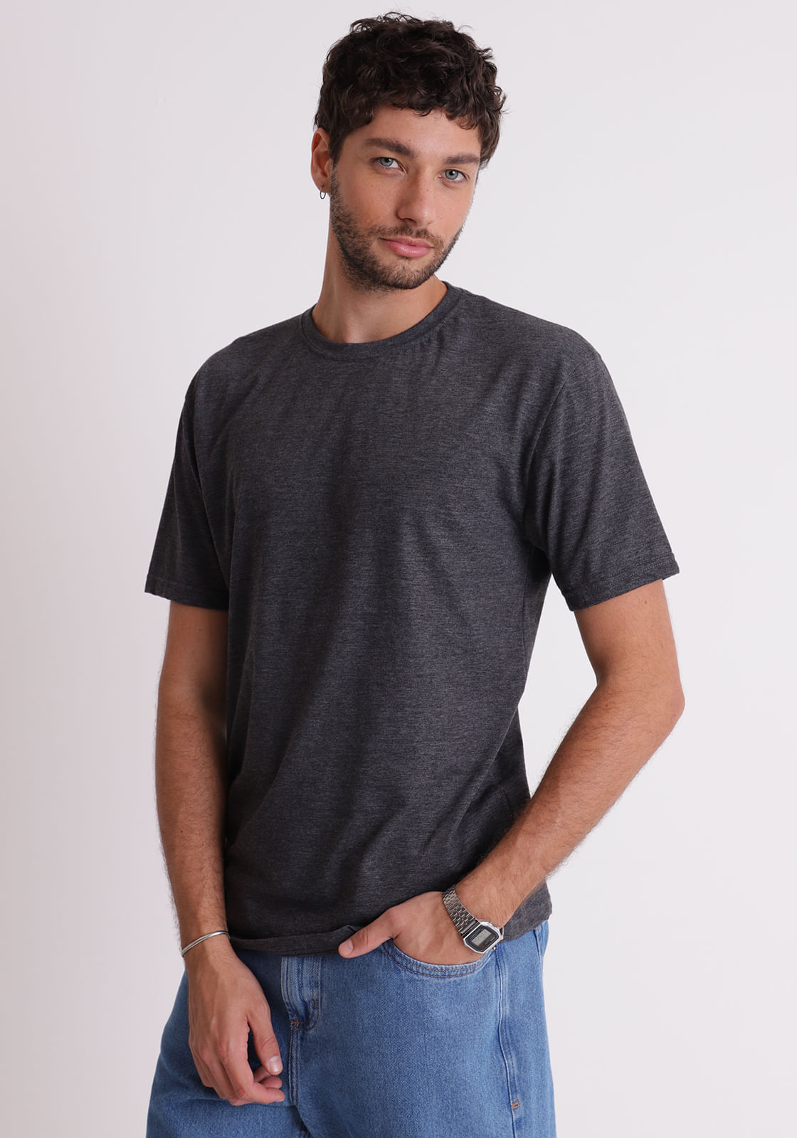 Camiseta malha masculina basica gola redonda cinza