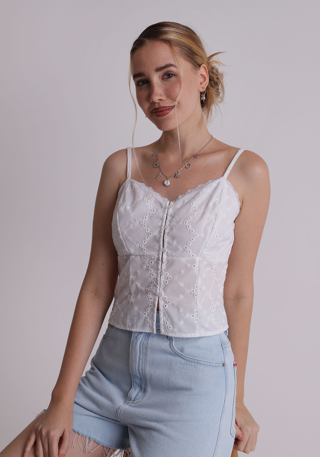 Blusa laise feminino cropped romântico Off-White