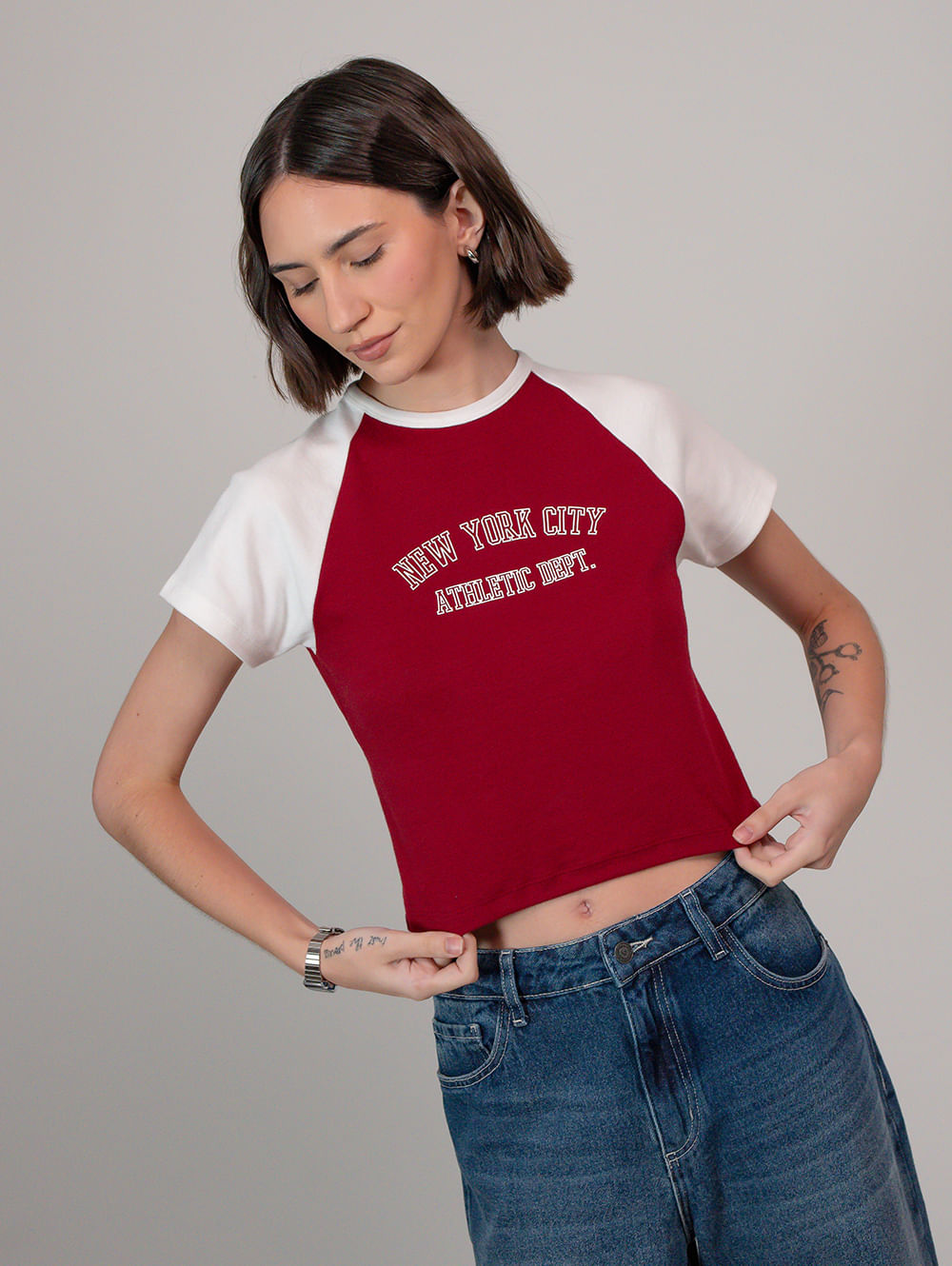 Camiseta meia malha feminino baby look vermelho