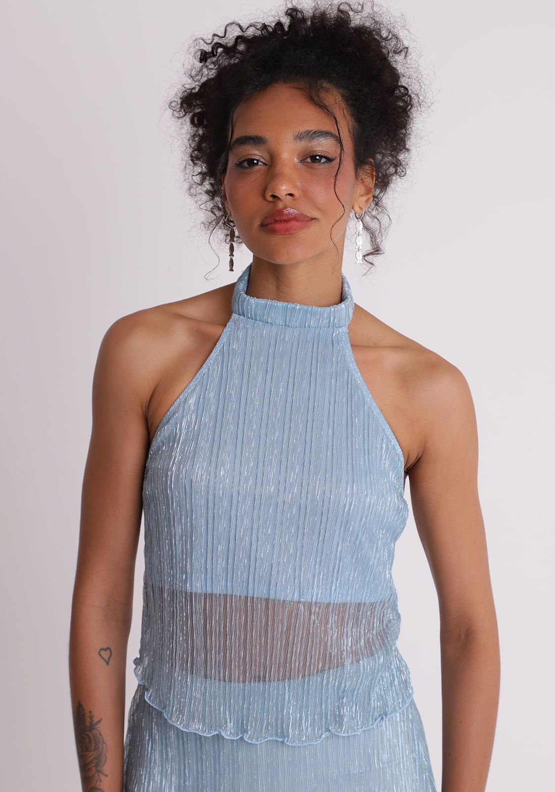 Blusa tecido brilhoso feminino glam Azul