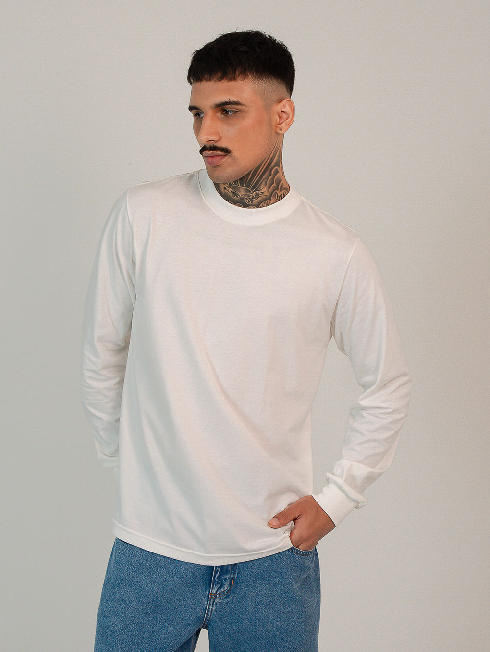 Camiseta algodão masculina manga longa branca