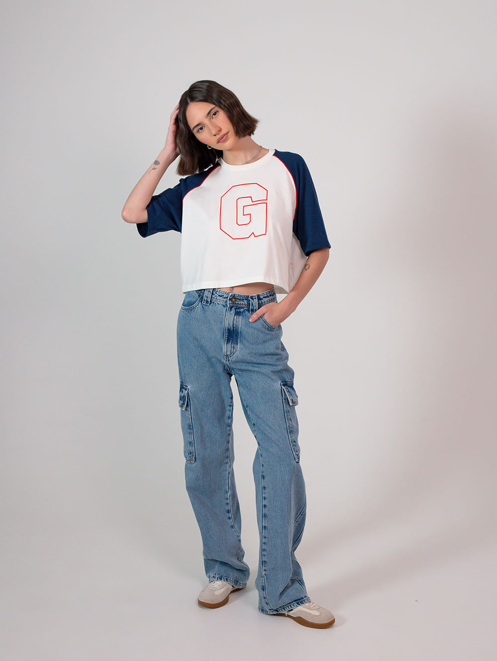 Calça jeans feminino cargo azul