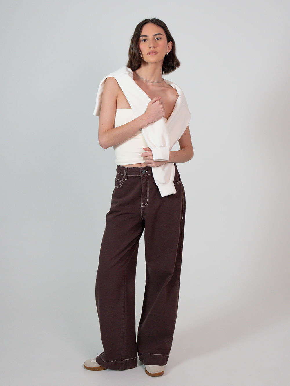 Calça sarja feminino wide leg marrom