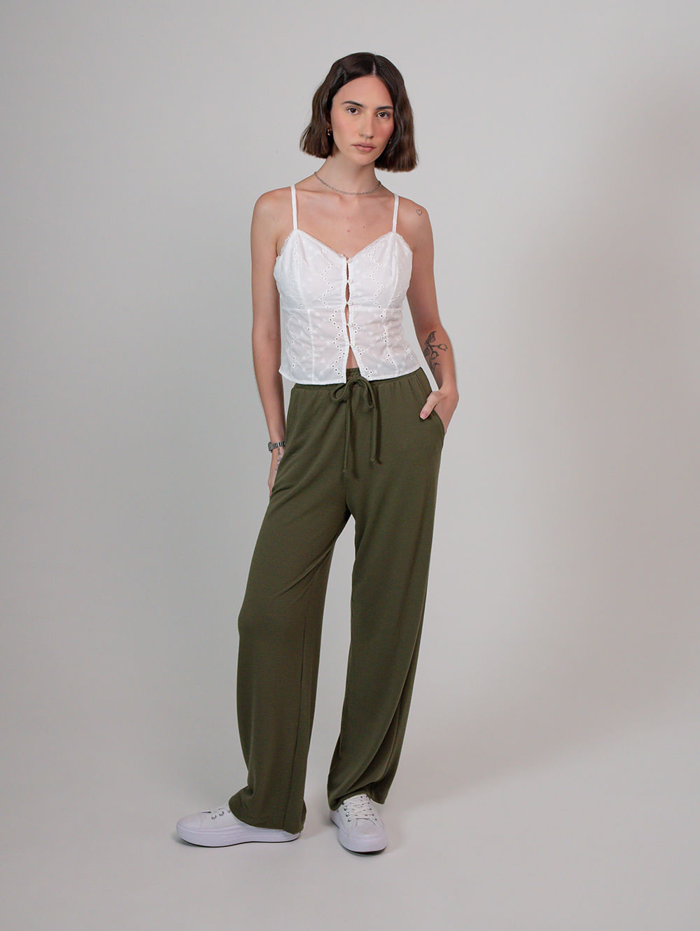 Calça poliéster feminino wide leg elástico verde