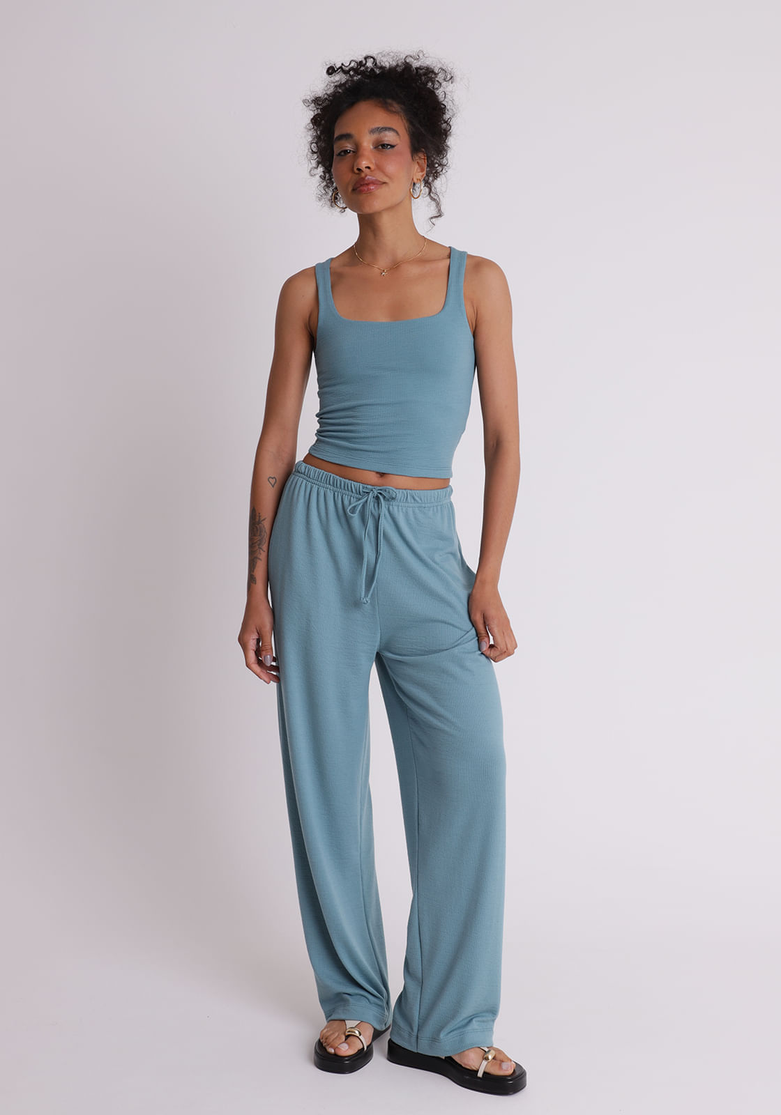Calça texturizada feminino wide leg verde