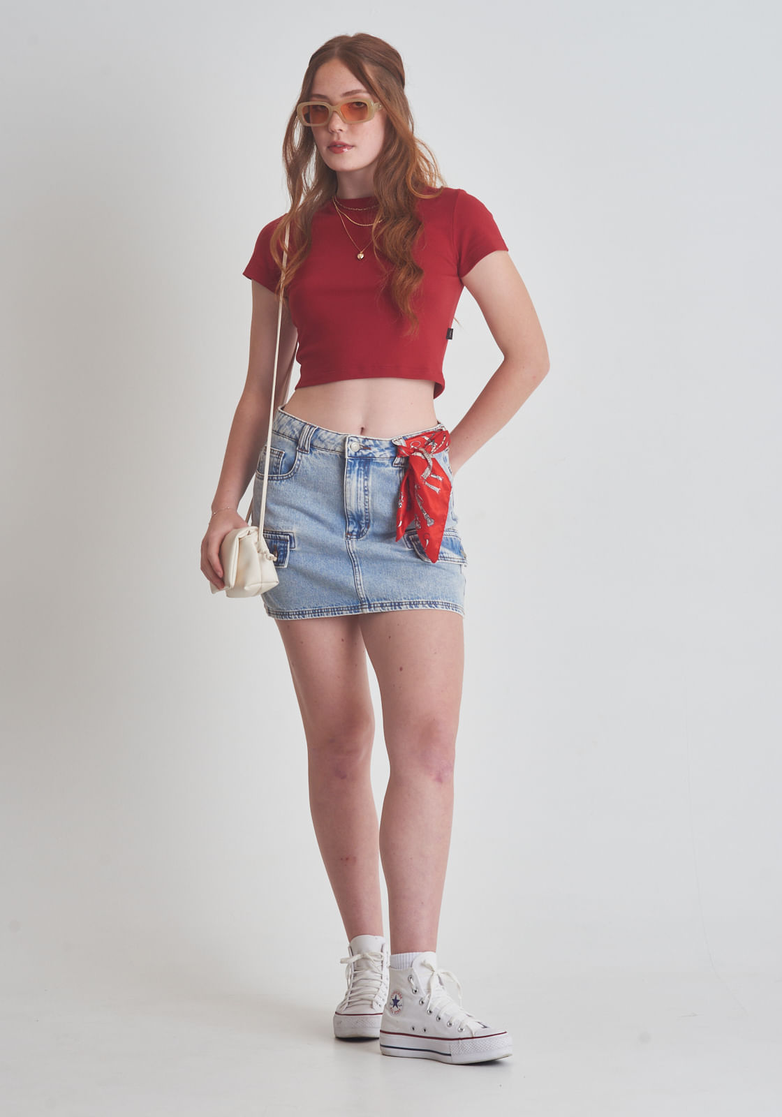 Saia jeans feminino marmorizado cargo azul