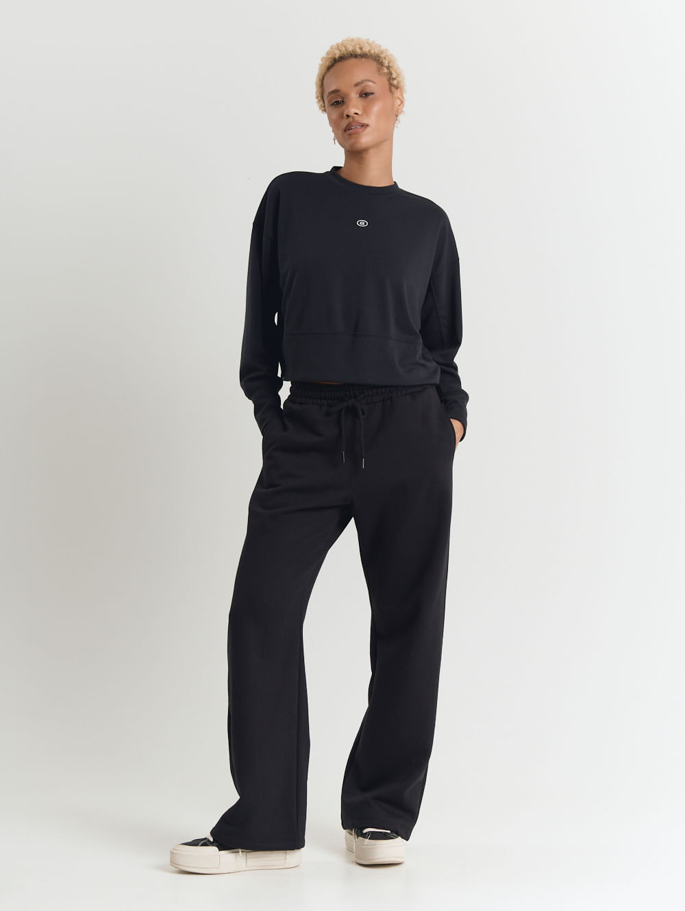 Calça moletom feminino wide leg preto