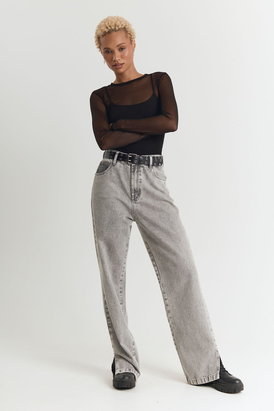 Calça jeans feminino reta clássica cinza