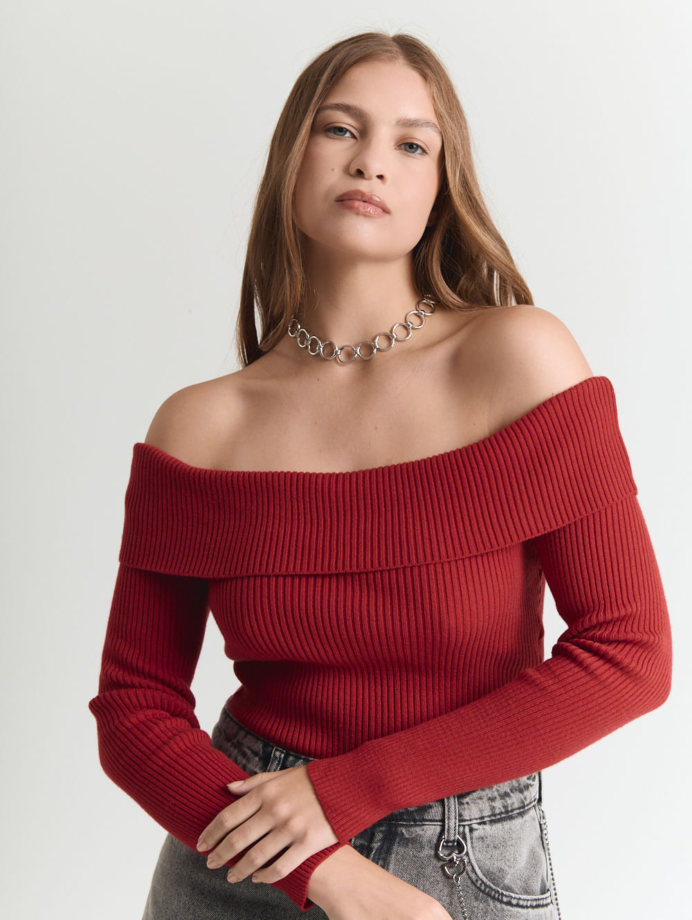 Tricot ombro a ombro feminino manga longa vermelho