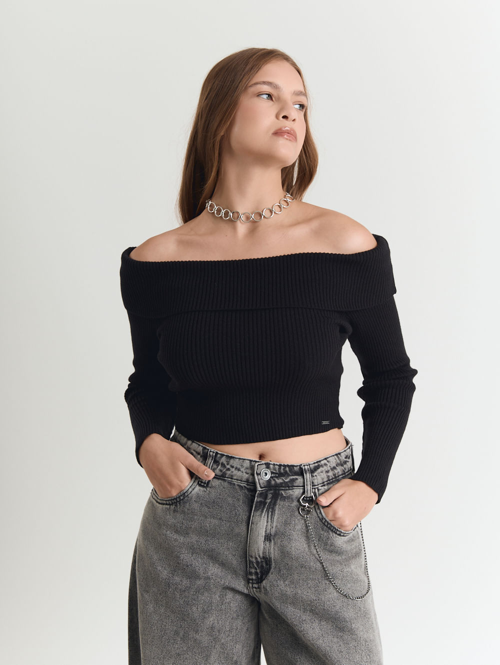 Tricot ombro a ombro feminino manga longa preto