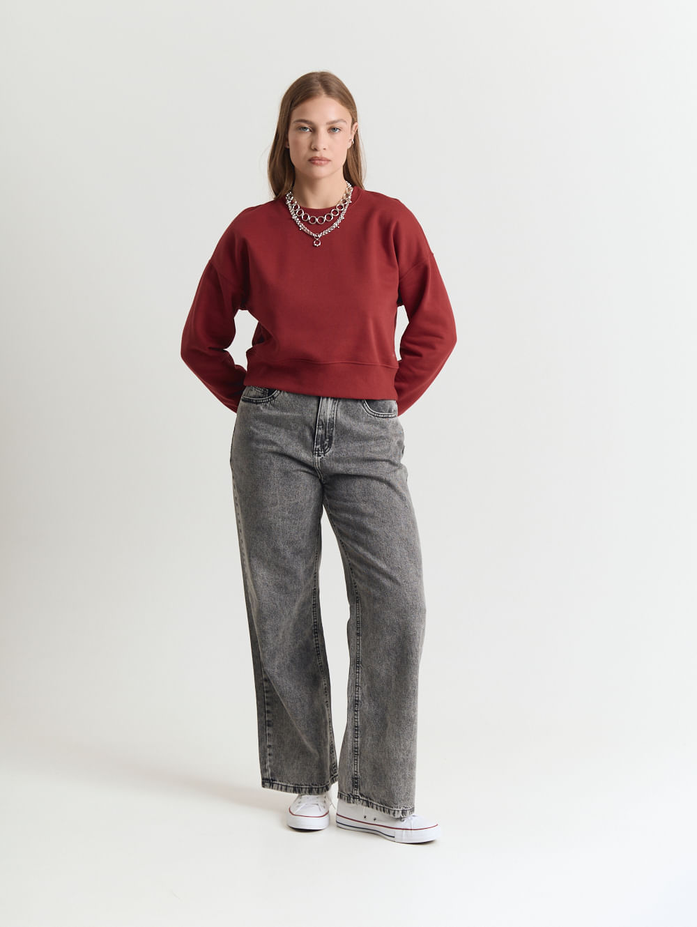 Calça jeans feminino wide leg chumbo