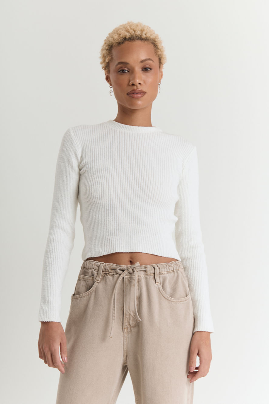 Tricot cropped feminino canelado off white