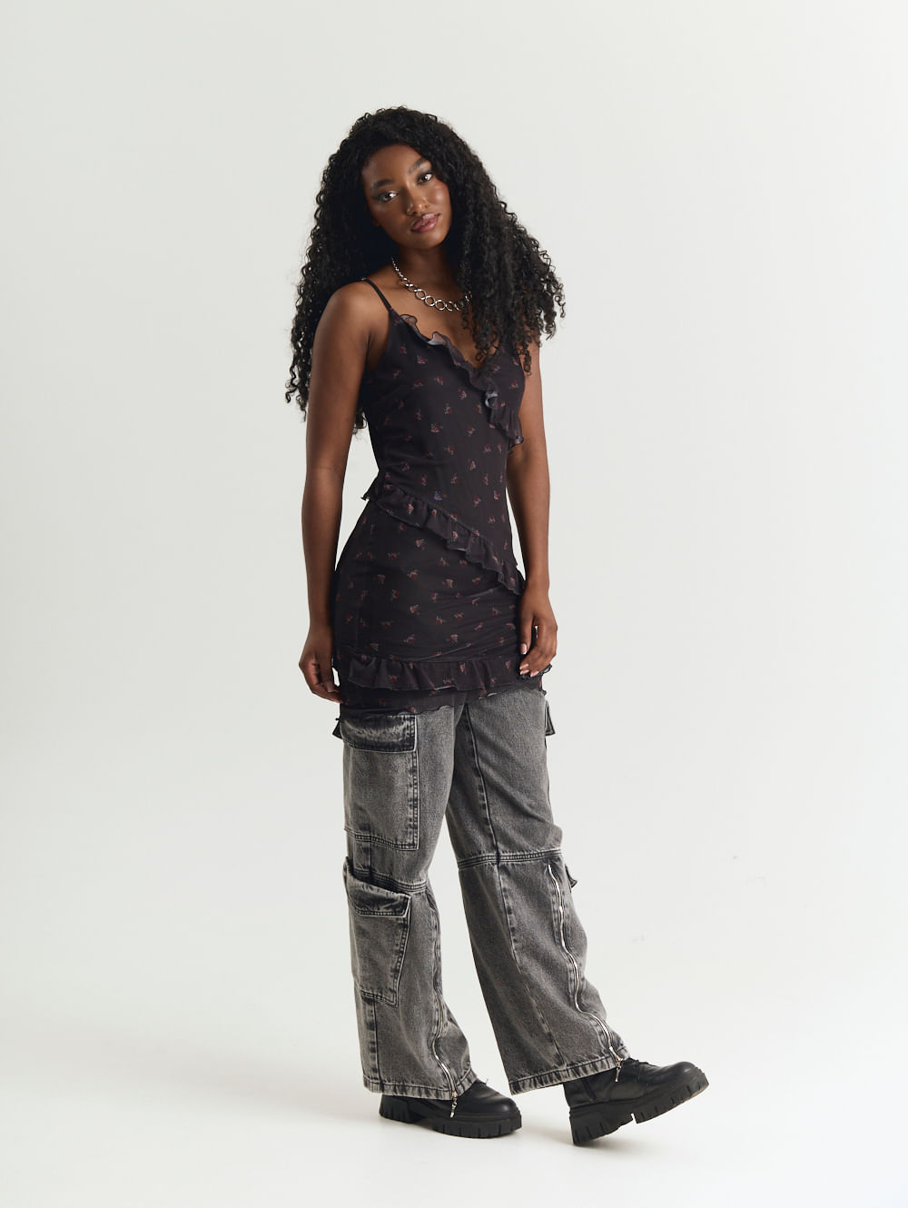 Vestido tule feminino estampado ajustado preto