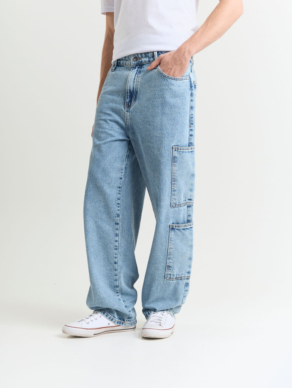 Calça jeans masculina baggy multi cargo azul