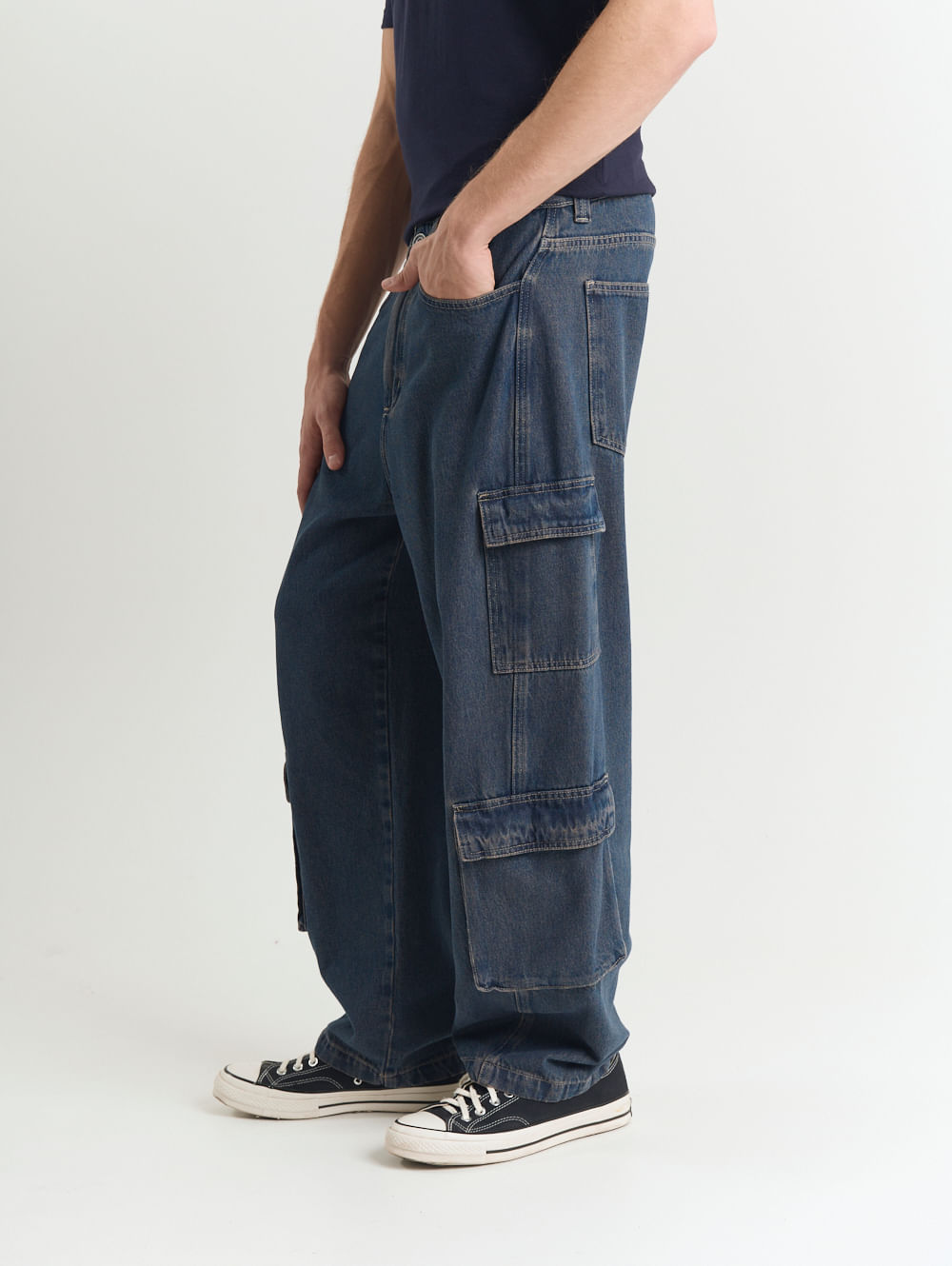Calça jeans masculina baggy bolsos cargo azul