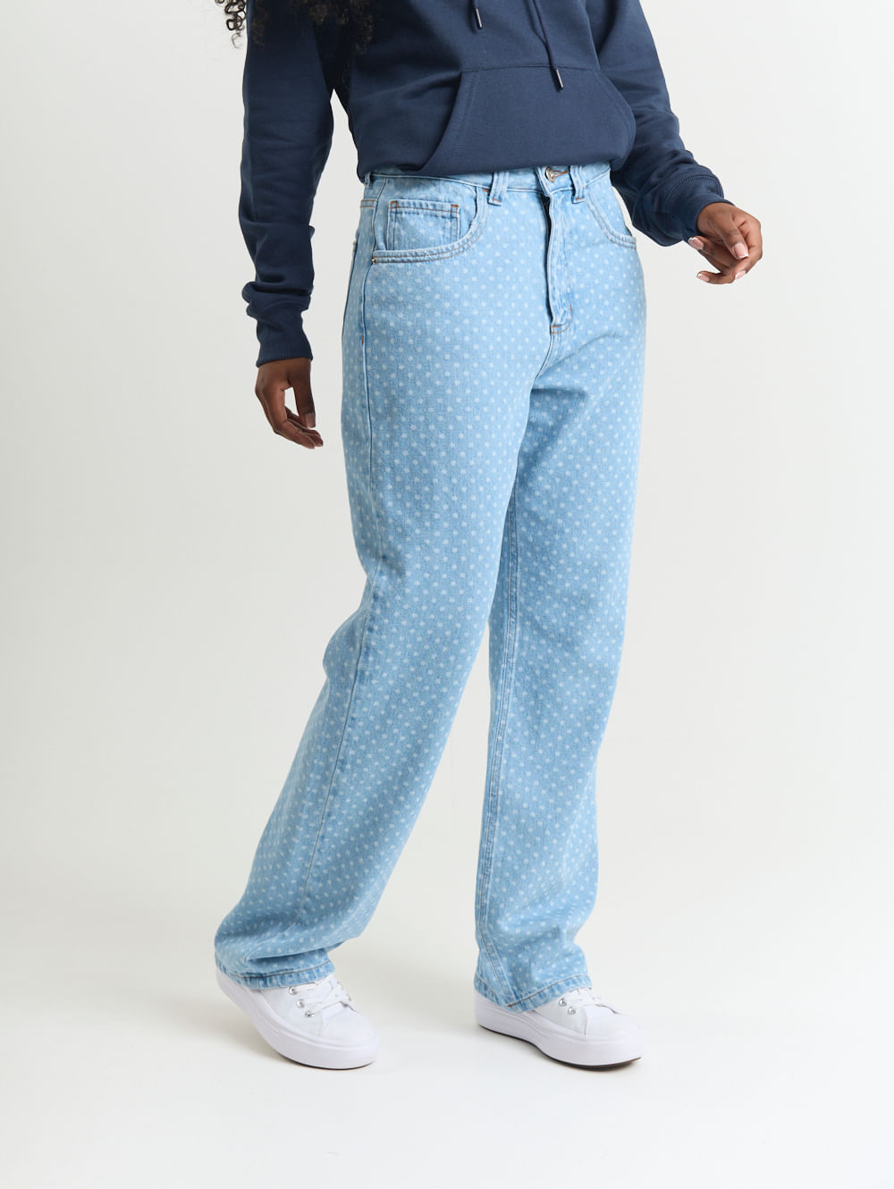 Calça jeans feminino reta poa azul