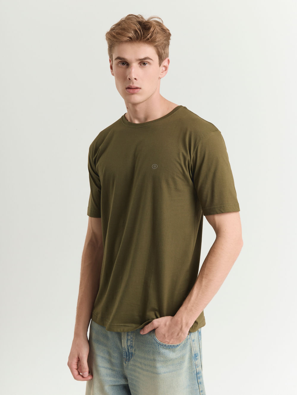Camiseta malha masculino gola redonda verde